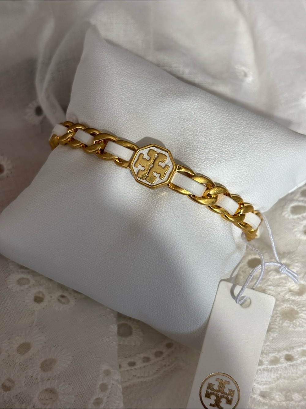 Tory Burch White Enamel and Gold Link Logo Bracelet